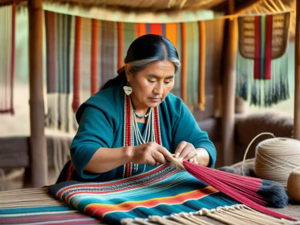 Mapuche mujeres tejiendo textiles tradicionales con maestría ancestral Mapuches preservando técnicas textiles ancestrales con destreza y coloridas lanas