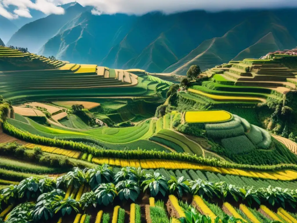 Maravilla de la ingeniería agrícola de culturas precolombinas en los Andes, terrazas agrícolas detalladas y vibrantes en armonía con la montaña