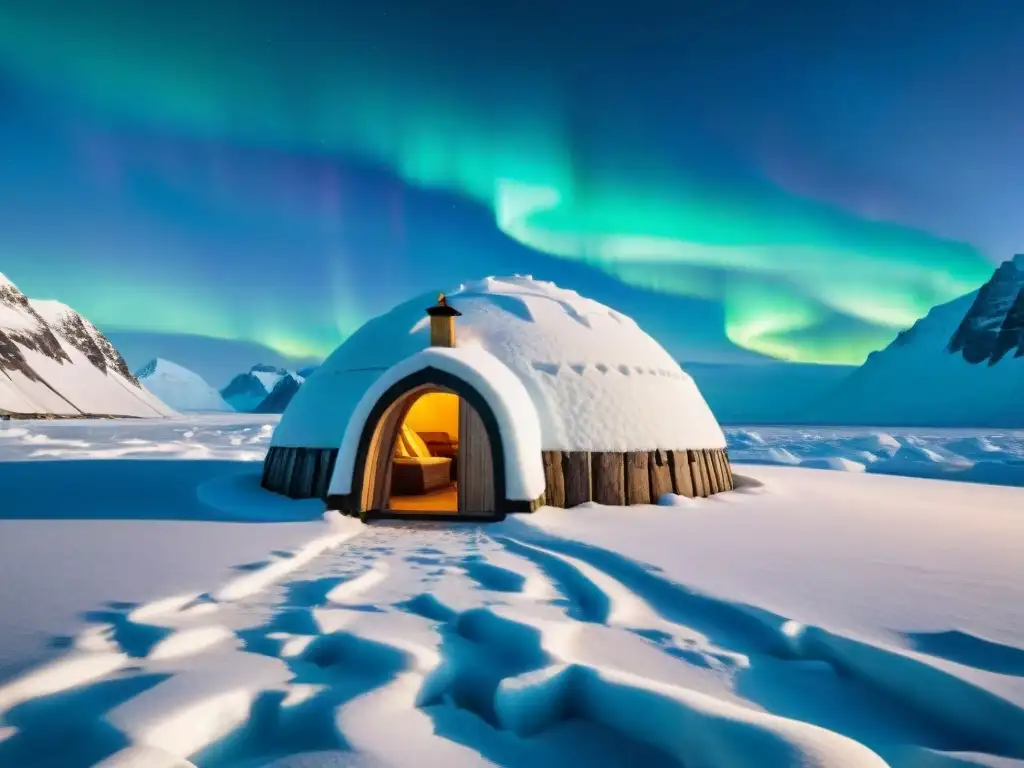 Una maravillosa iglu Inuit de hielo bajo la aurora boreal