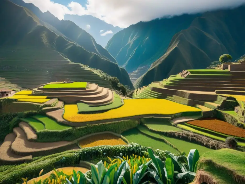 Una maravillosa vista de policultivos indígenas biodiversidad cultivo en terrazas incas, resaltando la belleza y sabiduría ancestral