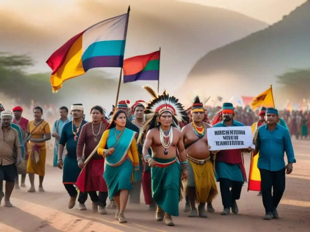 Marcha por la Tierra de 1990: Diversidad, unión y determinación en una protesta indígena al atardecer