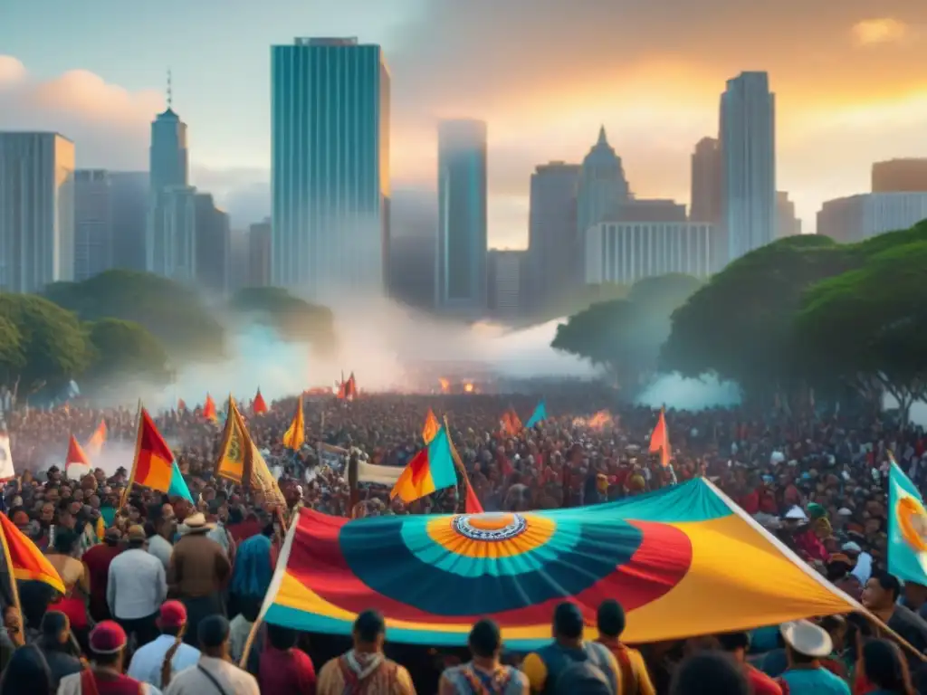 Una marcha vibrante de Movimientos Indígenas Contemporáneos América, con activistas, líderes y símbolos ancestrales