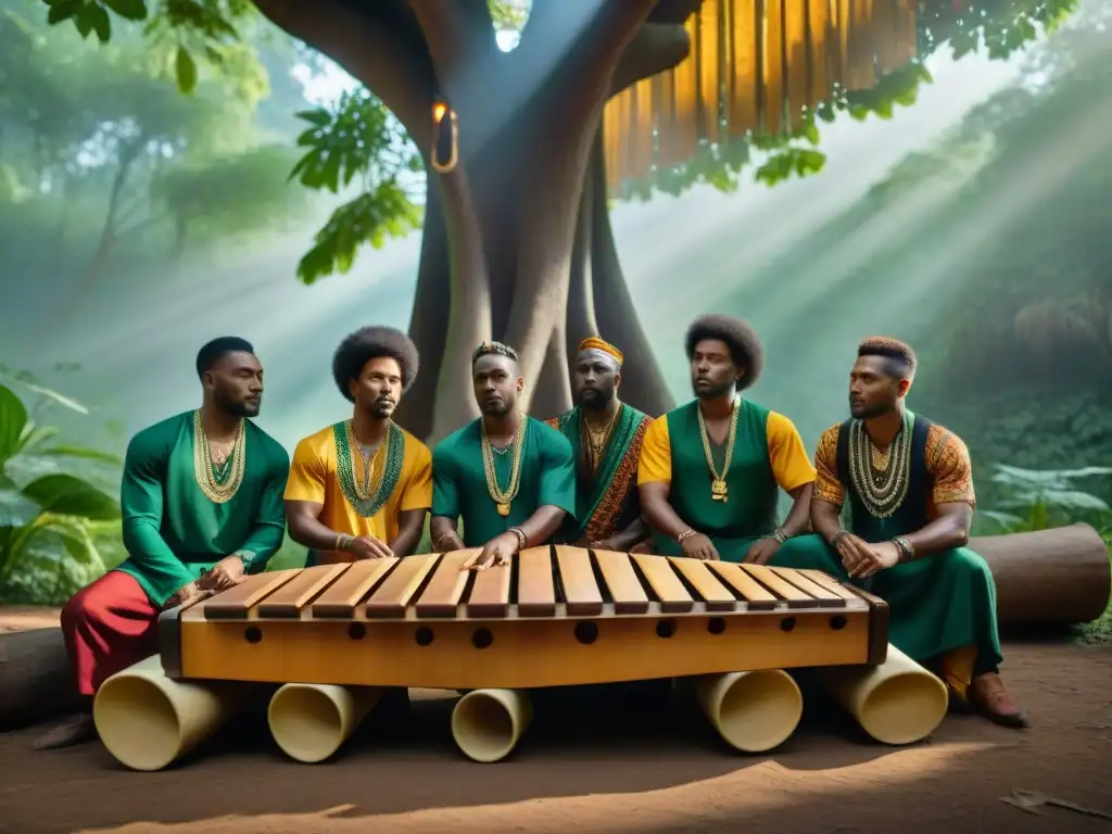 Marimba afroindígena en un bosque verde, músicos en trajes coloridos, historia y cultura