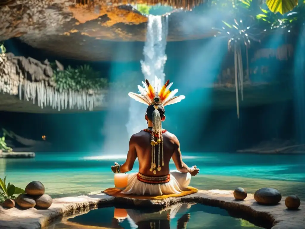 Shamán maya realiza ceremonia sagrada de agua en cenote, con significado rituales indígenas agua