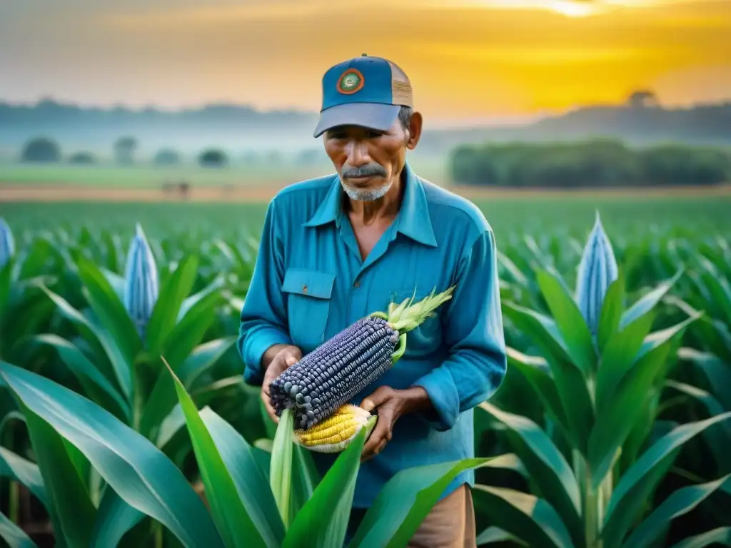 Un maya cosecha maíz azul bajo el sol dorado, reflejando el legado nutricional y tradición ancestral del maíz azul