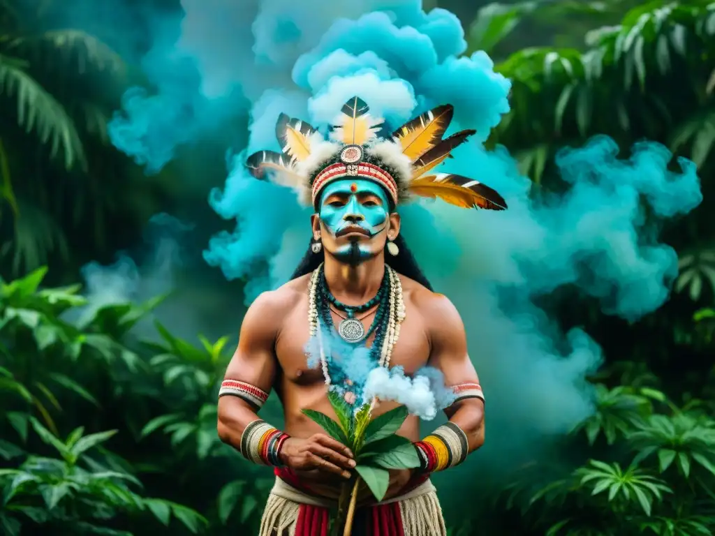 Shamán maya en la selva con tabaco: ritual ancestral