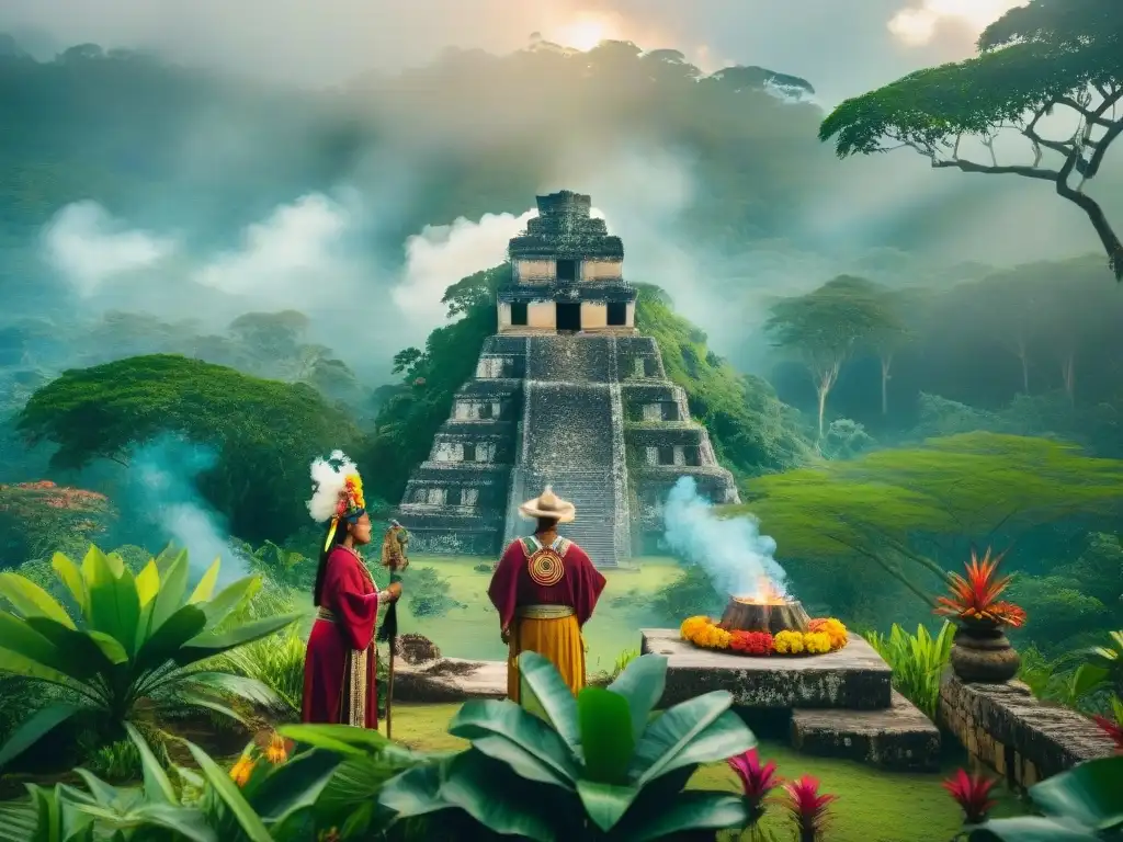 Mayas realizando rituales indígenas en la selva, conectados con la naturaleza y lo espiritual