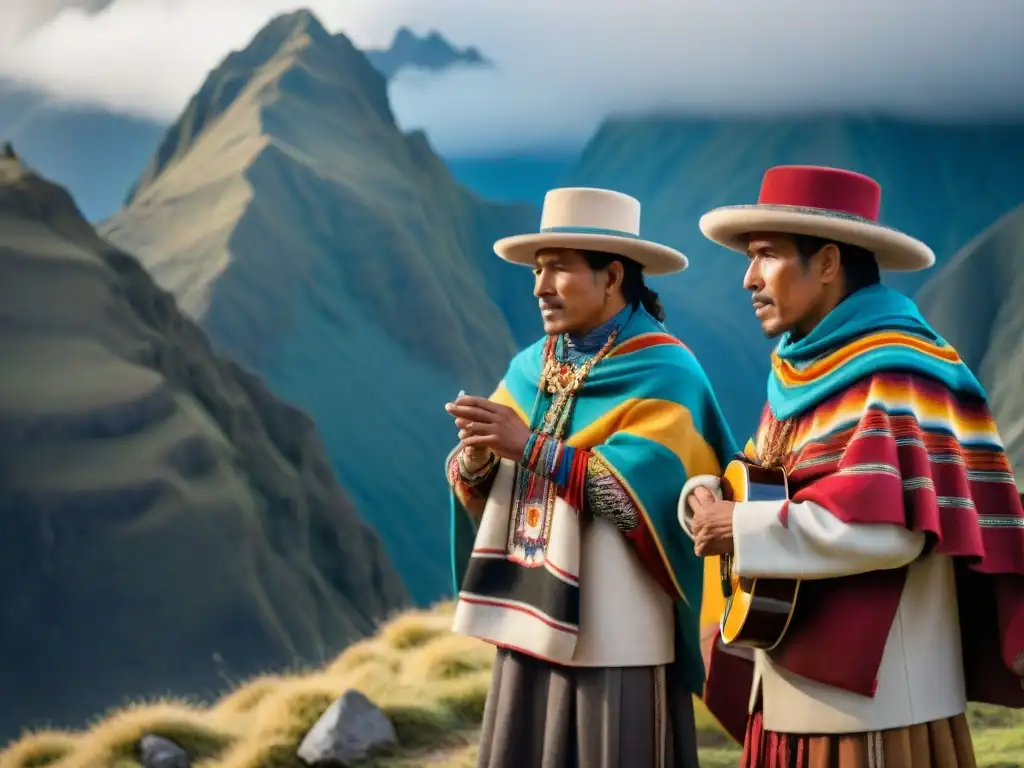 Melodía andina: músicos con ponchos coloridos y sombreros, tocando zampoñas frente a montañas nevadas