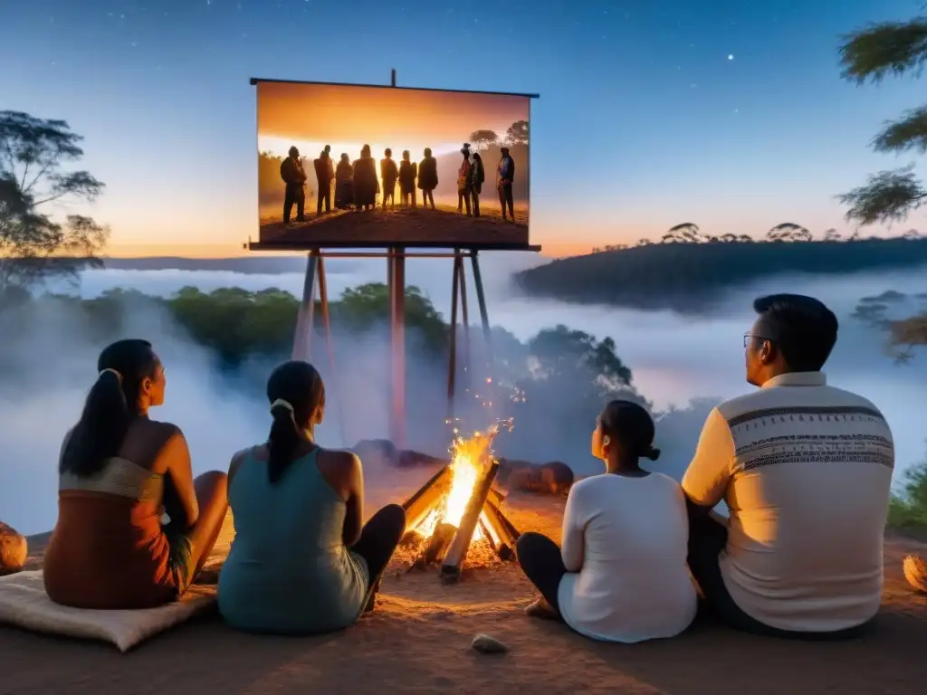 Membresía de comunidad indígena reunida alrededor de fogata viendo documental bajo cielo estrellado