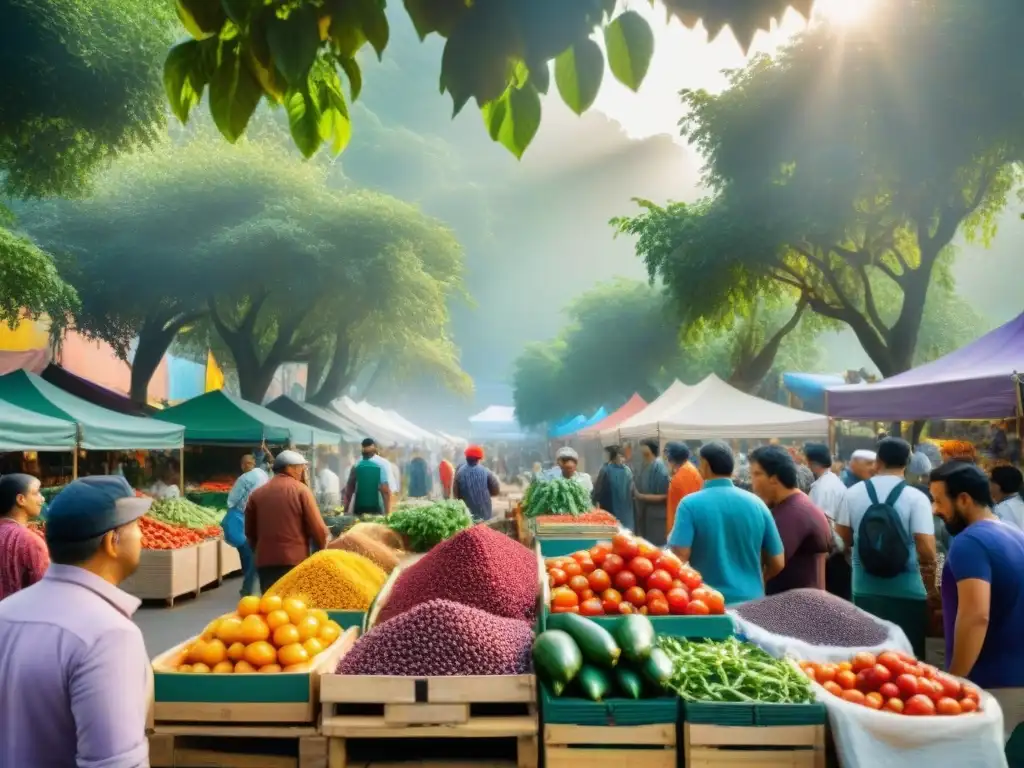 Un mercado de alimentos al aire libre con ingredientes indígenas de colores vibrantes como tomates, maíz morado, quinua y ajíes