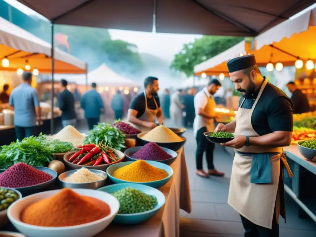 Un mercado de alimentos al aire libre con platos indígenas fusionados contemporáneos, chefs y ingredientes coloridos