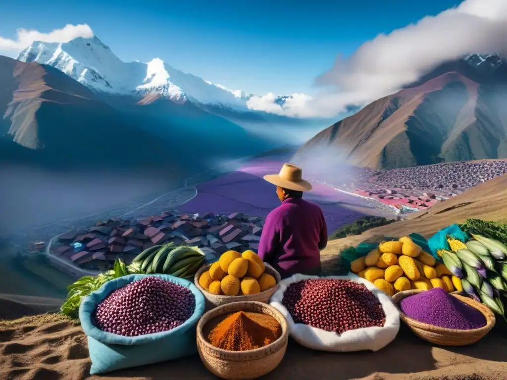 Un mercado andino tradicional rebosante de vida con vendedores ofreciendo maíz morado, frutas frescas y especias aromáticas, rodeado de imponentes montañas nevadas