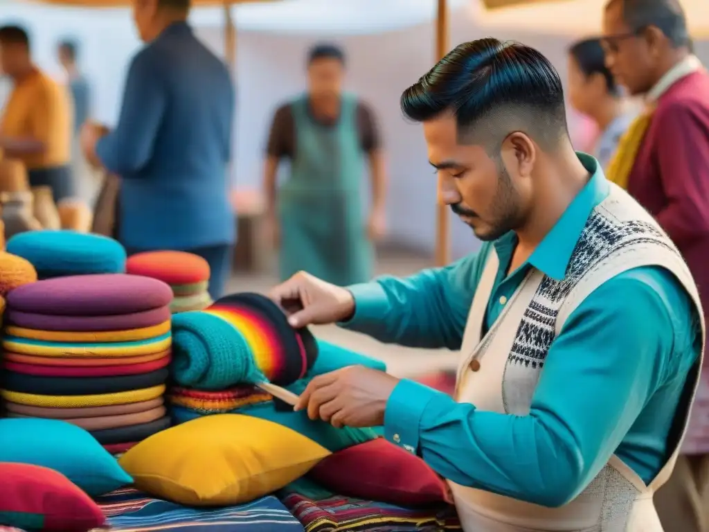 Un mercado artesanal vibrante en un pintoresco pueblo latinoamericano, lleno de colores y símbolos culturales