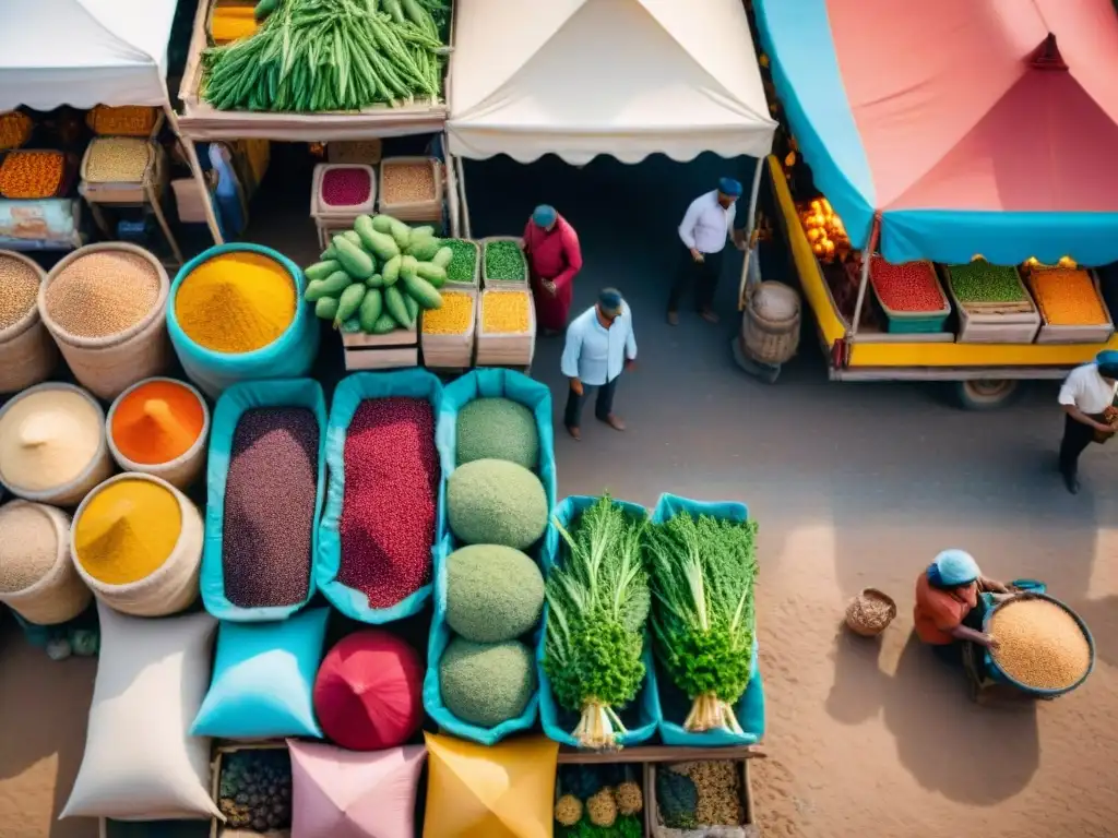 Un mercado bullicioso en un entorno rural vendiendo alimentos ancestrales