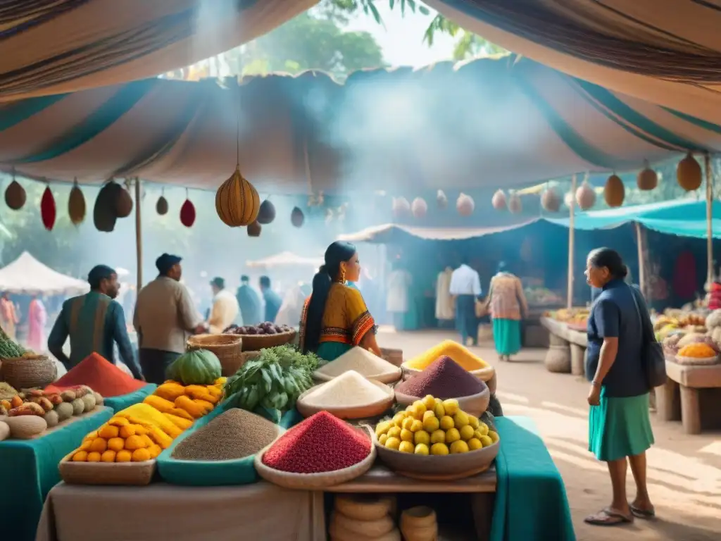 Un mercado bullicioso lleno de colores y sabores indígenas