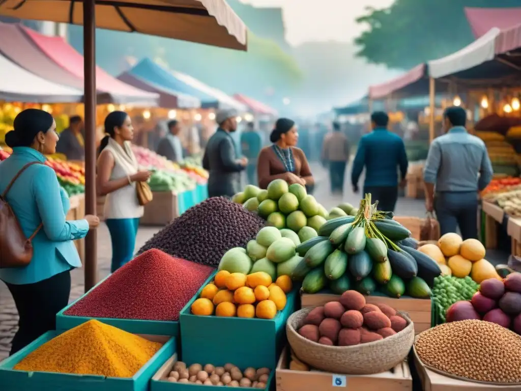 Un mercado bullicioso con puestos de alimentos indígenas frescos y coloridos