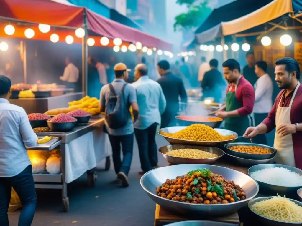 Mercado callejero bullicioso con platos fusionados de culturas indígenas y modernas