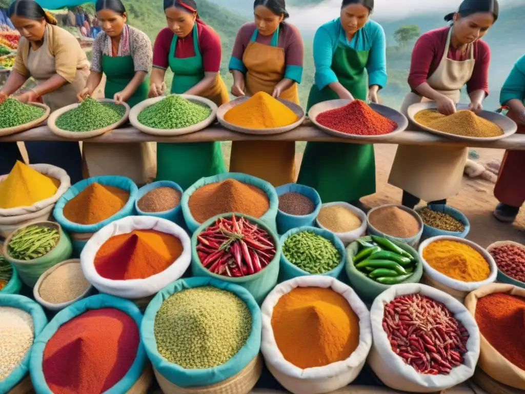 Un mercado indígena bullicioso y colorido, con mujeres preparando y vendiendo chiles y salsas picantes