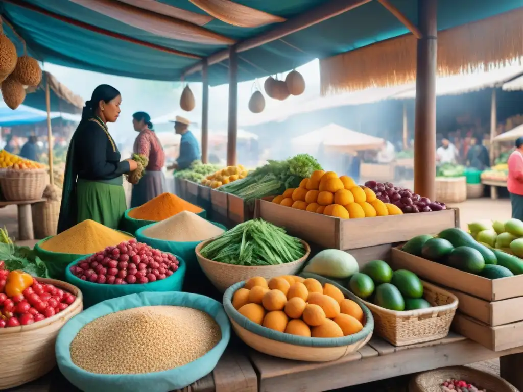 Un mercado indígena bullicioso con frutas, verduras y artesanías coloridas