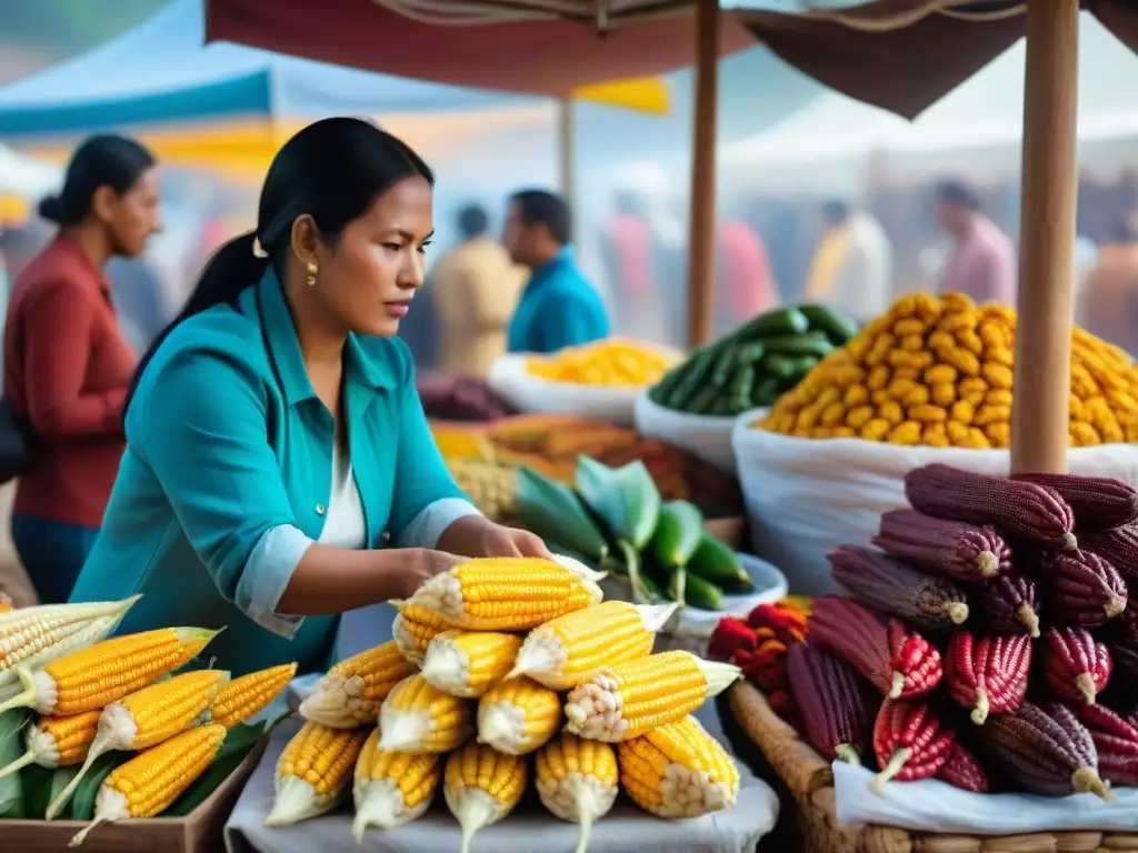 Un mercado indígena bullicioso con ingredientes tradicionales y textiles en tonos tierra