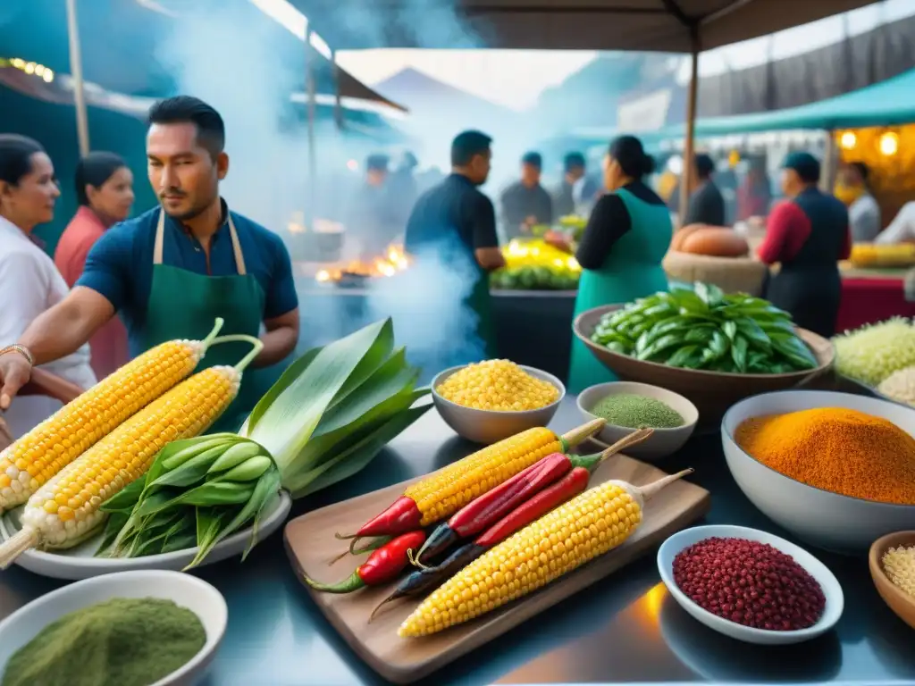 Un mercado indígena bullicioso con ingredientes tradicionales y chef preparando plato moderno