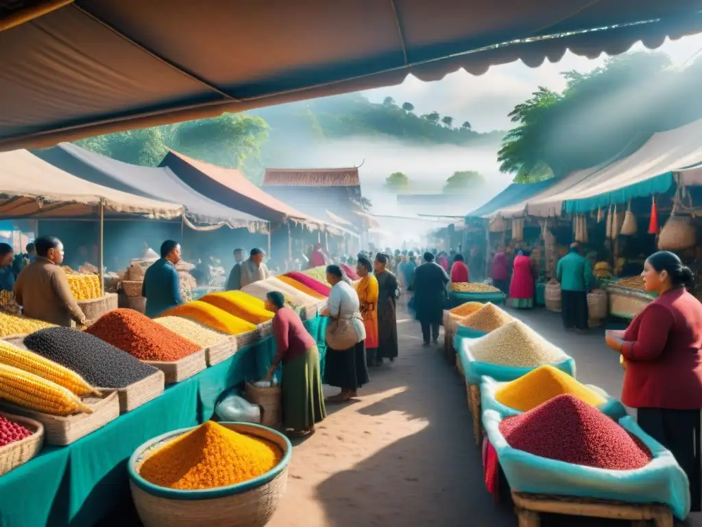 Un mercado indígena bullicioso con puestos coloridos de alimentos tradicionales