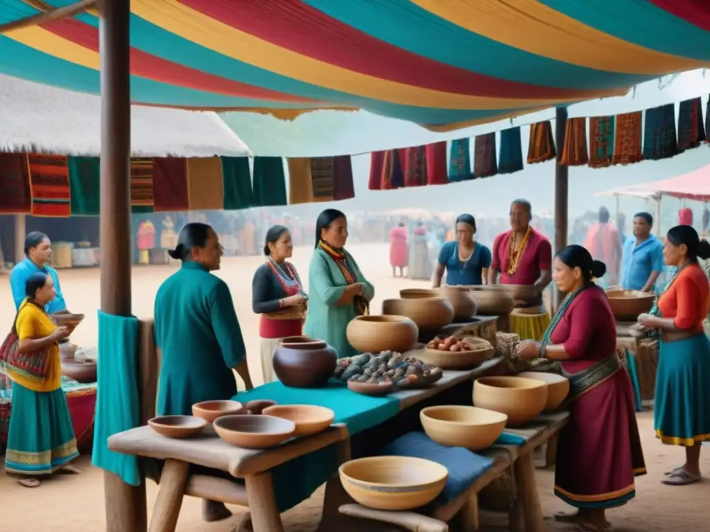 Un mercado indígena bullicioso donde turistas participan en actividades culturales, fortaleciendo el Turismo comunitario en culturas indígenas