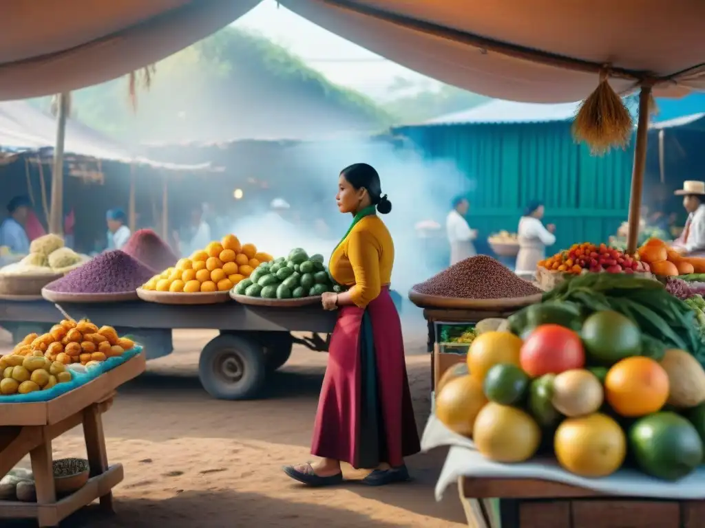 Mercado indígena: colores, sabores y tradición Un mercado indígena bullicioso y vibrante con sabores autóctonos y colores únicos