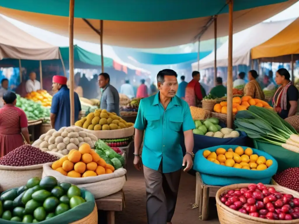 Un mercado indígena bullicioso con vibrantes alimentos y textiles tradicionales