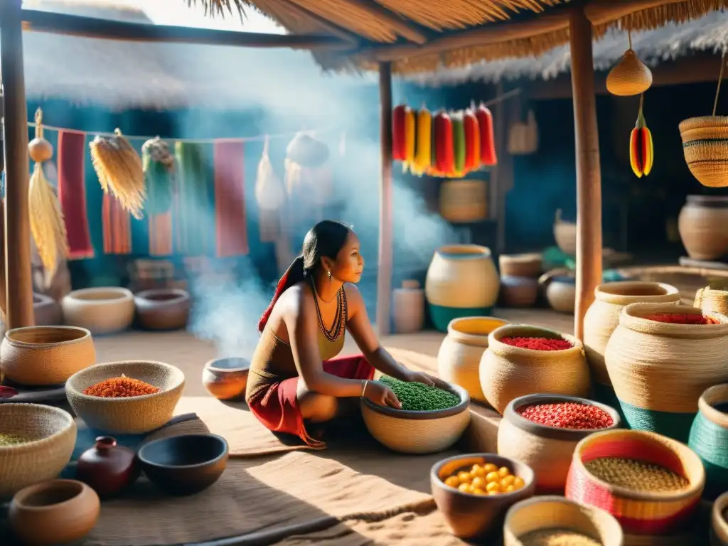 Un mercado indígena lleno de vida con artesanías coloridas y alimentos tradicionales