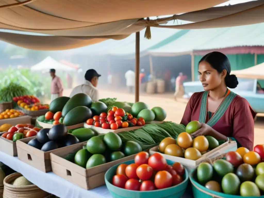 Mercado indígena rebosante de productos locales: tomates heirloom, aguacates maduros y hierbas fragantes