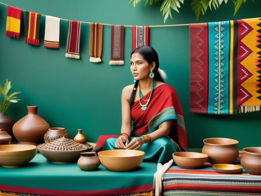 Un mercado indígena con tejidos, cerámica y joyería
