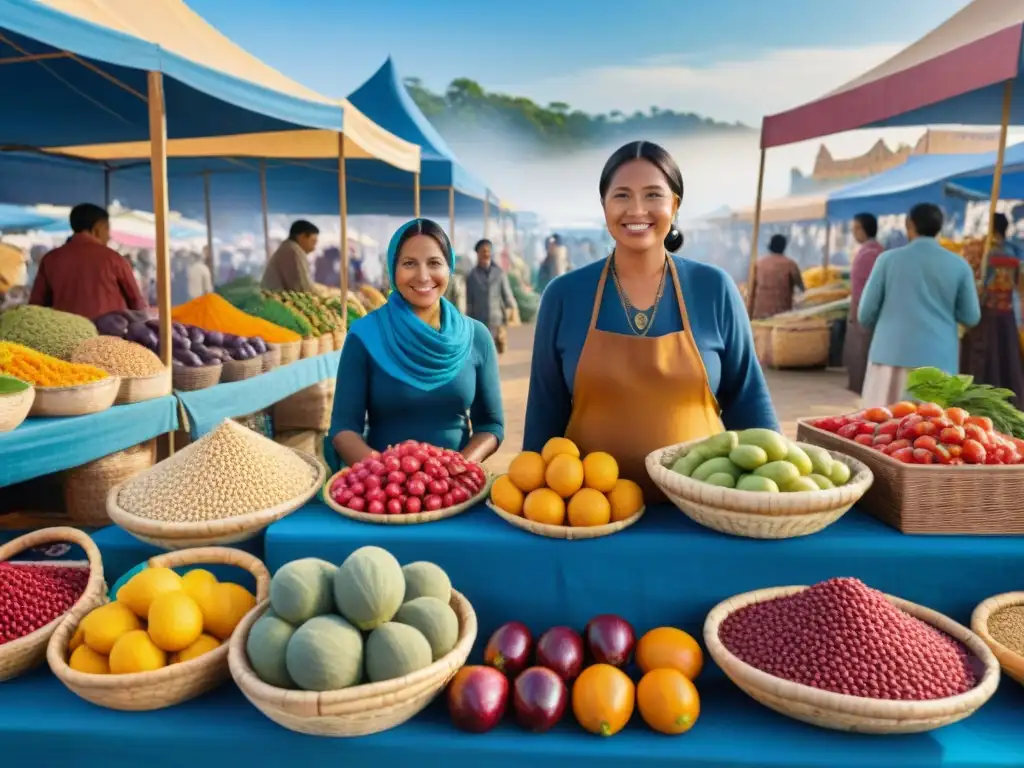 Mercado indígena vibrante con alimentos únicos en venta