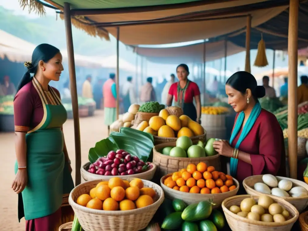 Mercado indígena vibrante con alimentos exóticos en venta