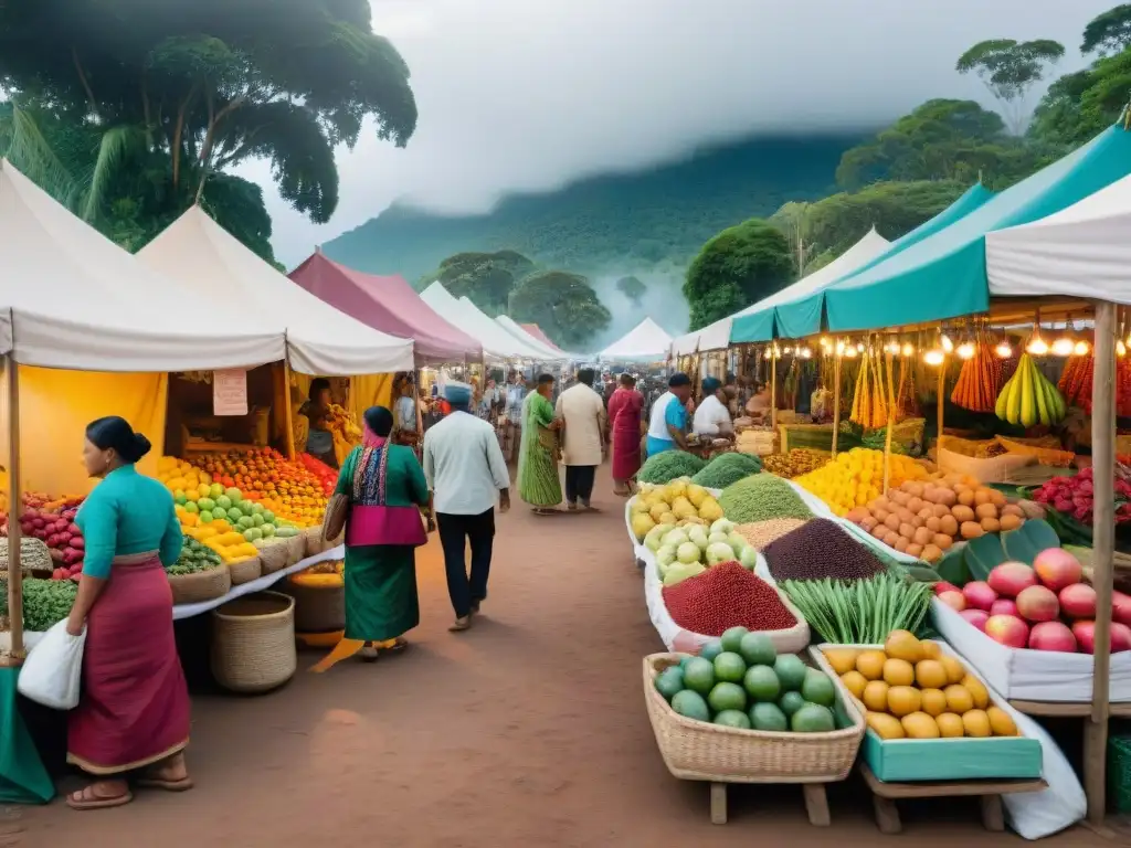 Mercado indígena vibrante con alimentos tradicionales y conexión cultural a través de alimentos