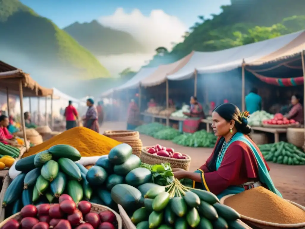 Un mercado indígena vibrante con colores y actividad, reflejando la riqueza cultural y el impacto de las economías indígenas en el mundo moderno