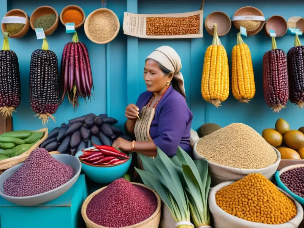 Un mercado indígena vibrante y colorido en Sudamérica con ingredientes autóctonos en gastronomía