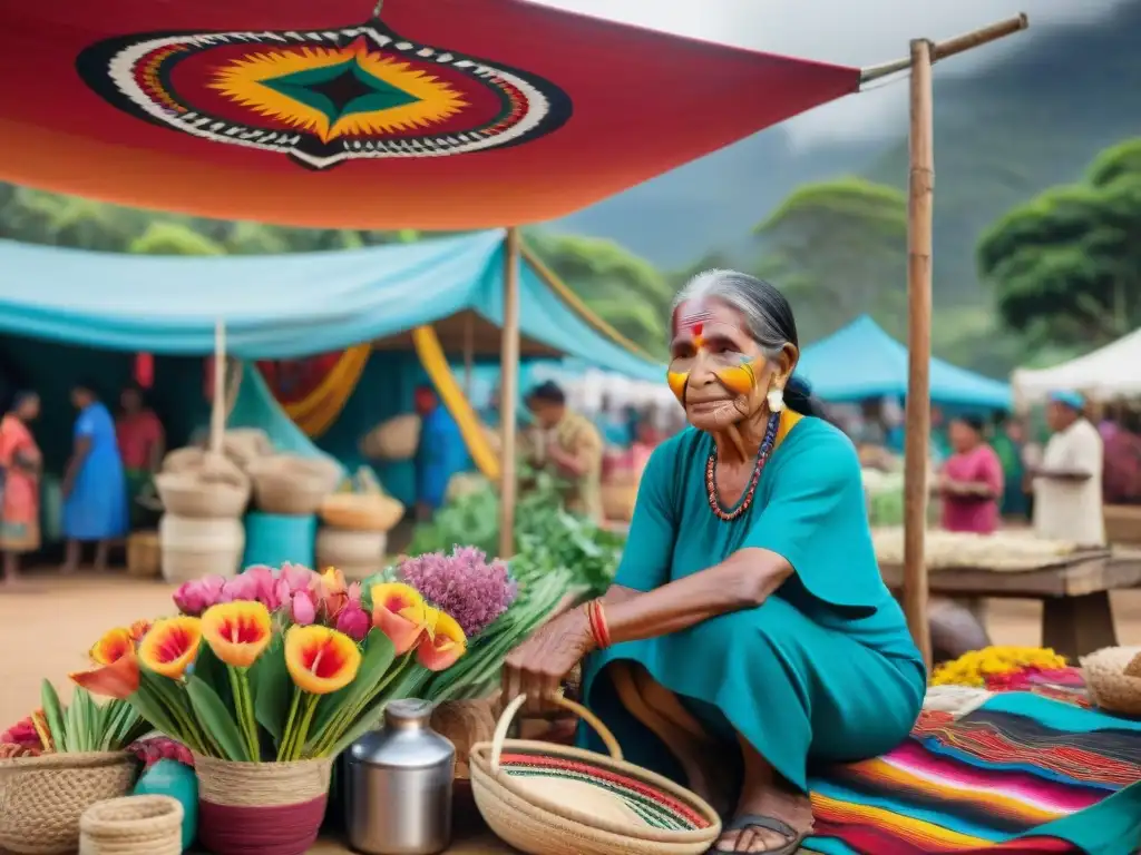 Un mercado indígena vibrante donde el comercio justo beneficia a comunidades indígenas, con artesanos locales y colores llamativos