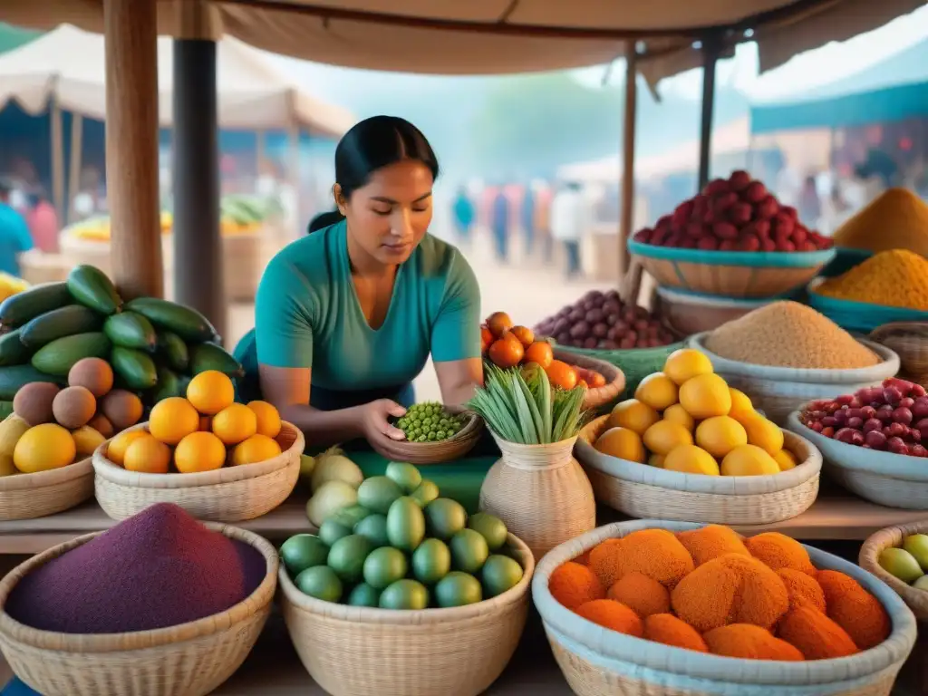 Un mercado indígena vibrante con frutas, verduras y especias coloridas