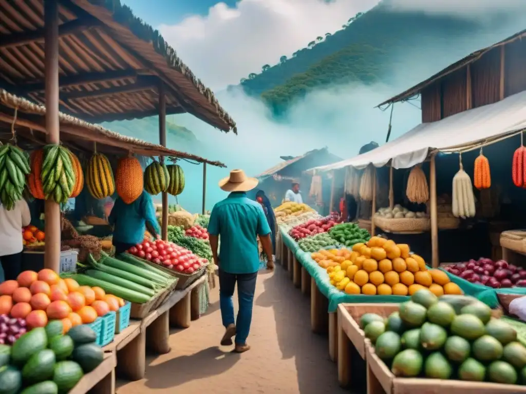 Un mercado indígena vibrante en América Latina, lleno de colores y tradiciones