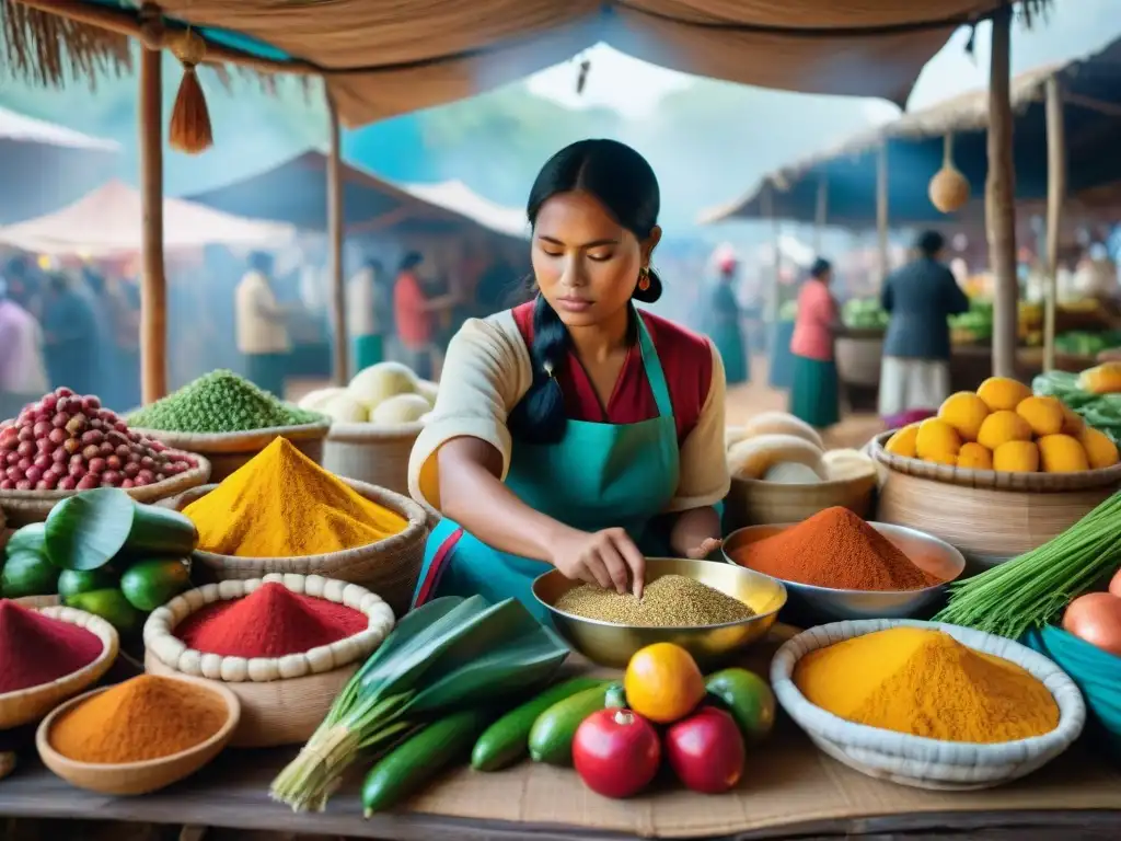 Mercado indígena vibrante con sabores únicos y coloridos, mujeres preparando platos tradicionales