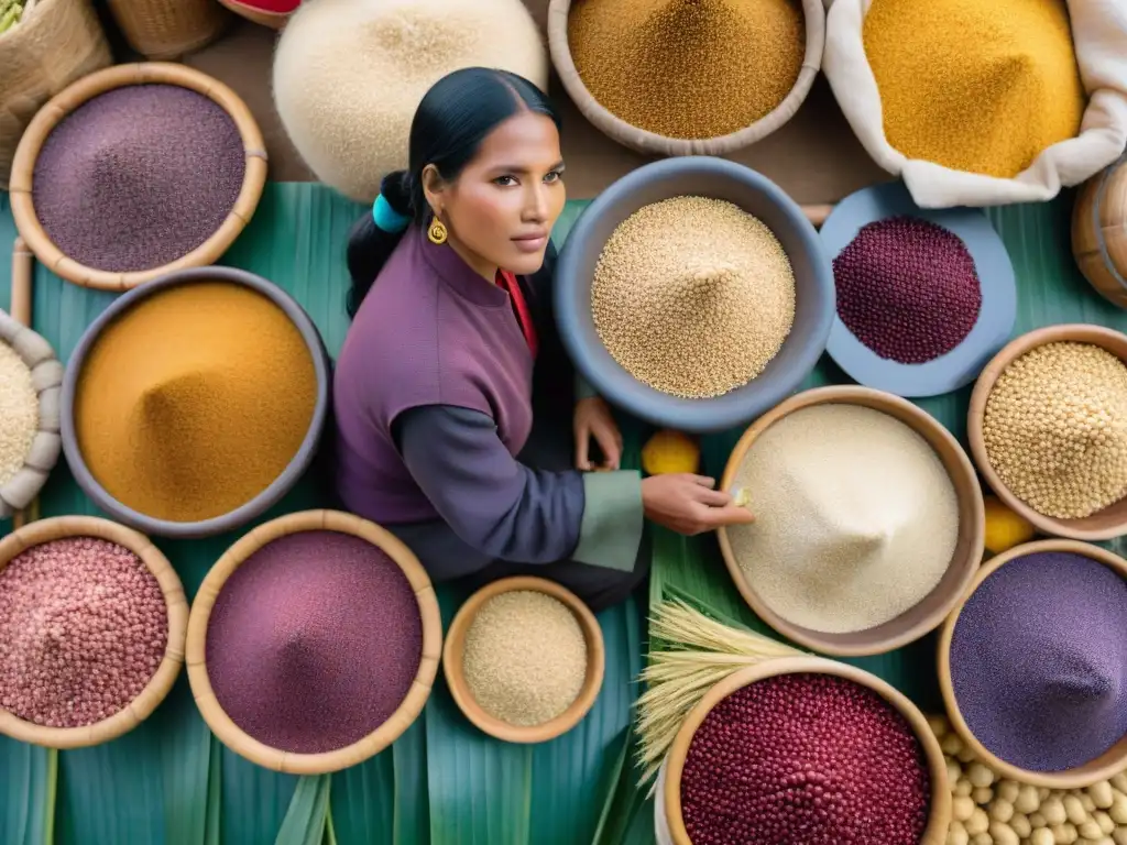 Un mercado indígena en Perú rebosante de vida y color, con cultivos indígenas conquistando paladares globales