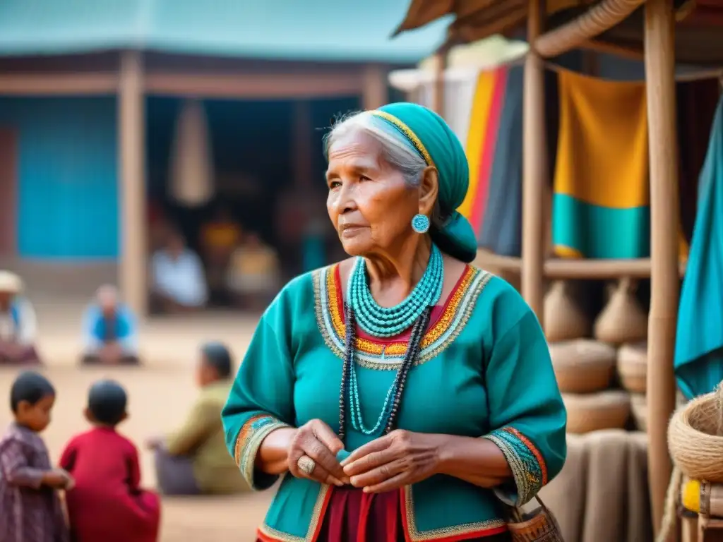 Un mercado lleno de vida y color en una comunidad indígena, donde artesanos locales exhiben sus creaciones textiles