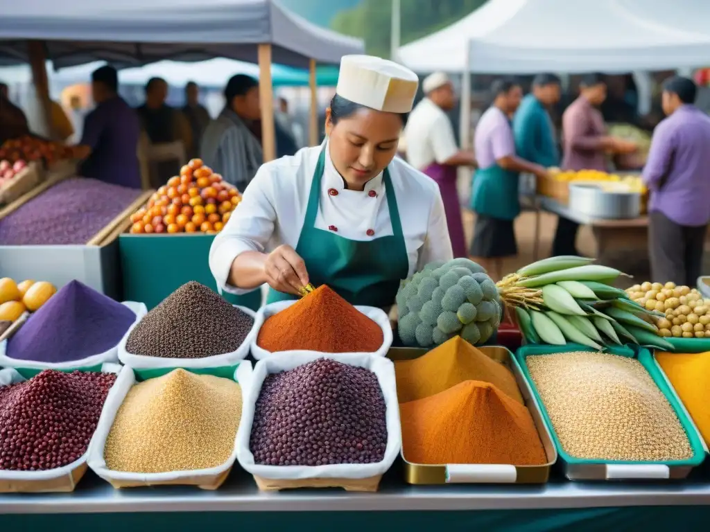 Un mercado lleno de vida con frutas, verduras y especias coloridas de la biodiversidad indígena en cocina