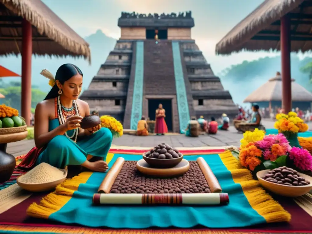 Mercado mesoamericano vibrante con simbolismo en agricultura indígena: intercambio de granos de cacao y ofrenda ceremonial con plumas y flores