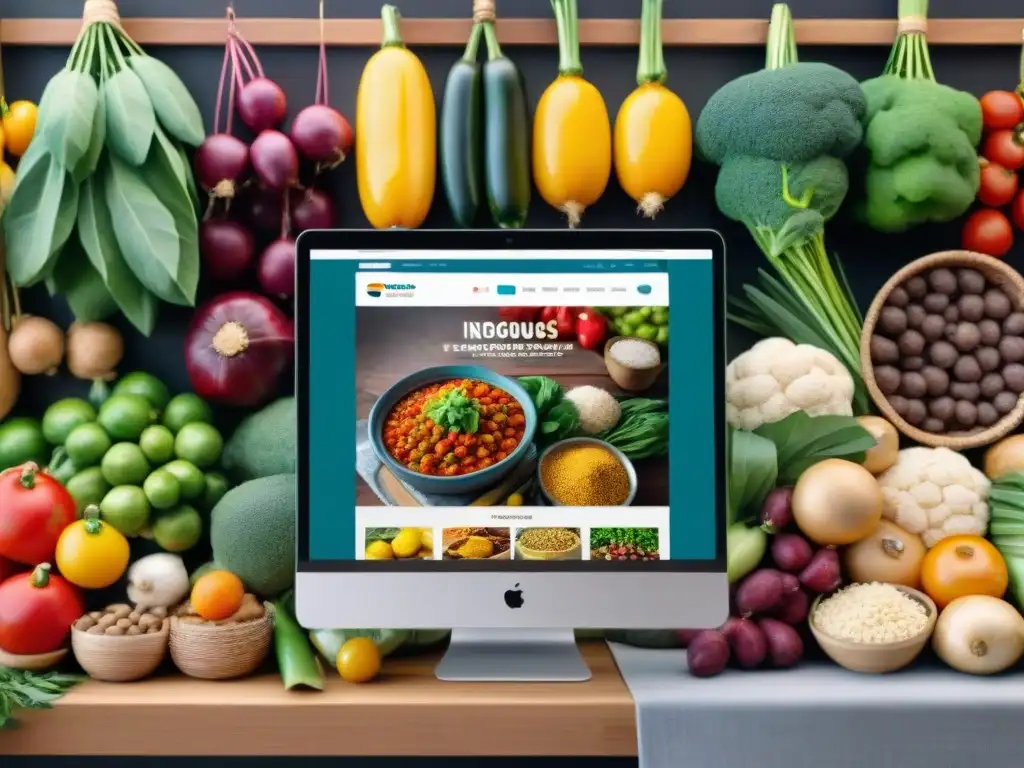 Un mercado online vibrante de alimentos indígenas, con productos coloridos y vendedores interactuando con clientes