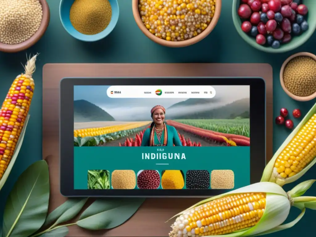 Mercado online vibrante y diverso de alimentos indígenas, fusionando tradición e innovación