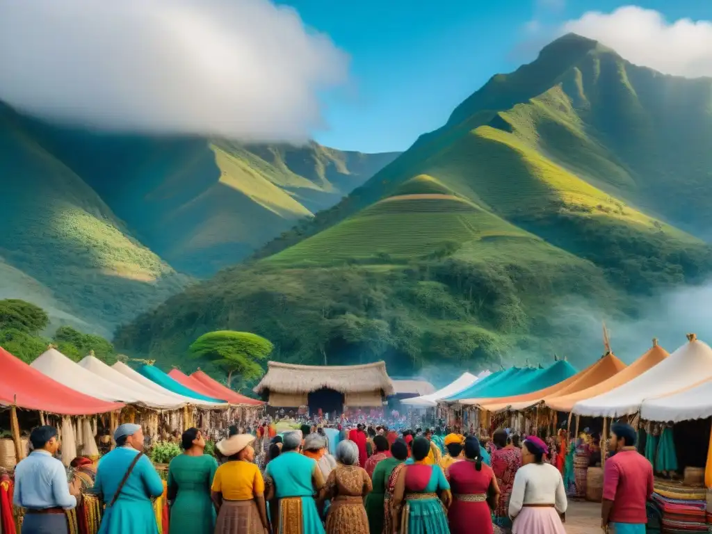 Un mercado textil vibrante en un pueblo latinoamericano con artesanos indígenas y coloridas artesanías