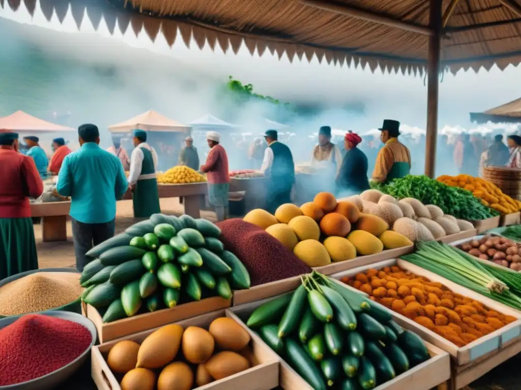 Un mercado tradicional bullicioso en América Latina, durante un festival de cocina indígena