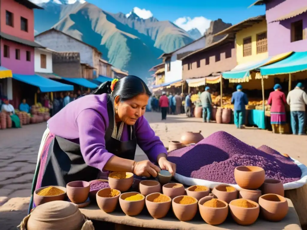 Mercado tradicional peruano con vibrantes ingredientes para Chicha Morada, vendedores y ruinas incas bajo cielo azul